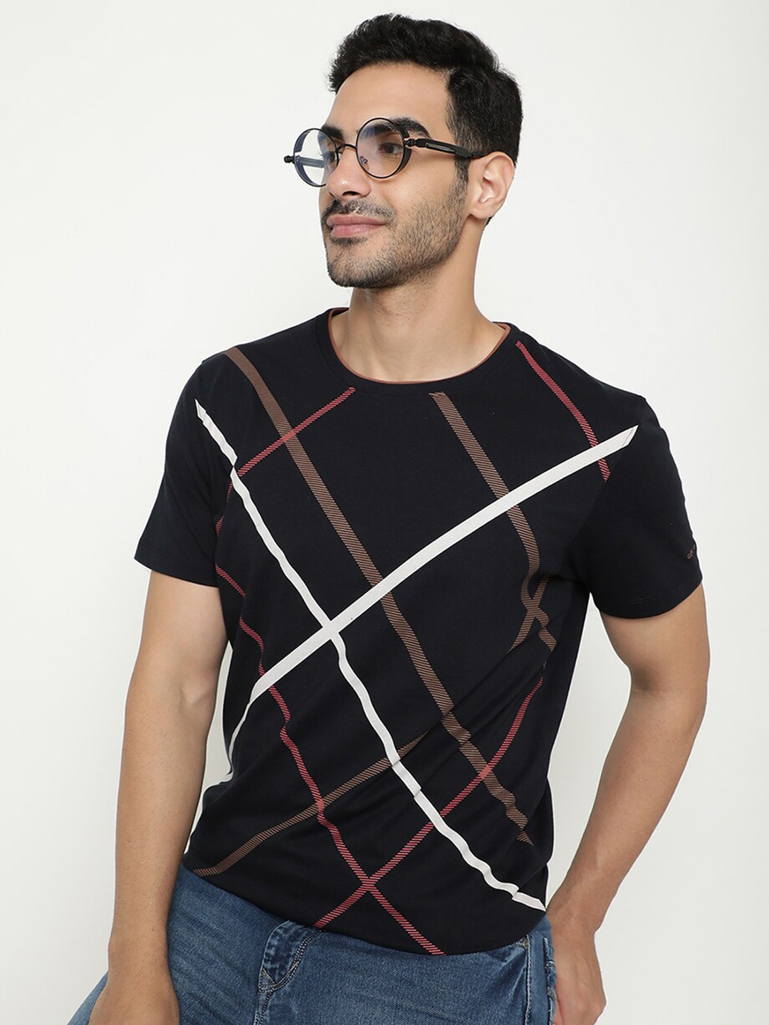 

Octave Checked Round Neck Cotton T-shirt, Navy blue