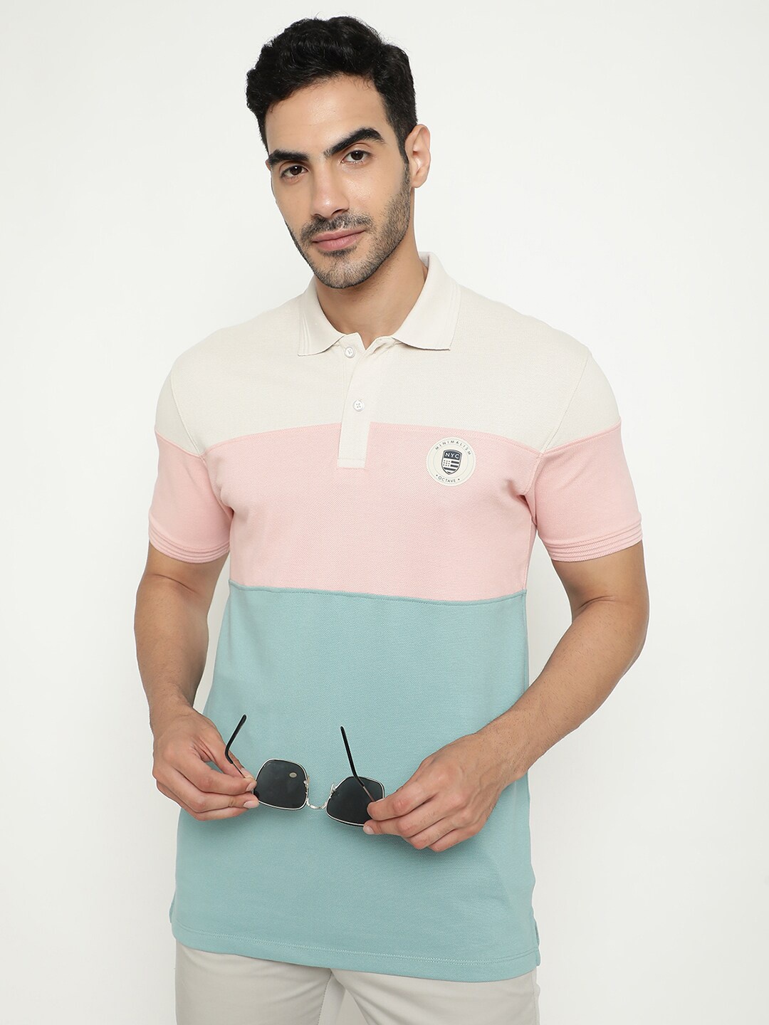 

Octave Colourblocked Polo Collar Cotton T-shirt, Pink