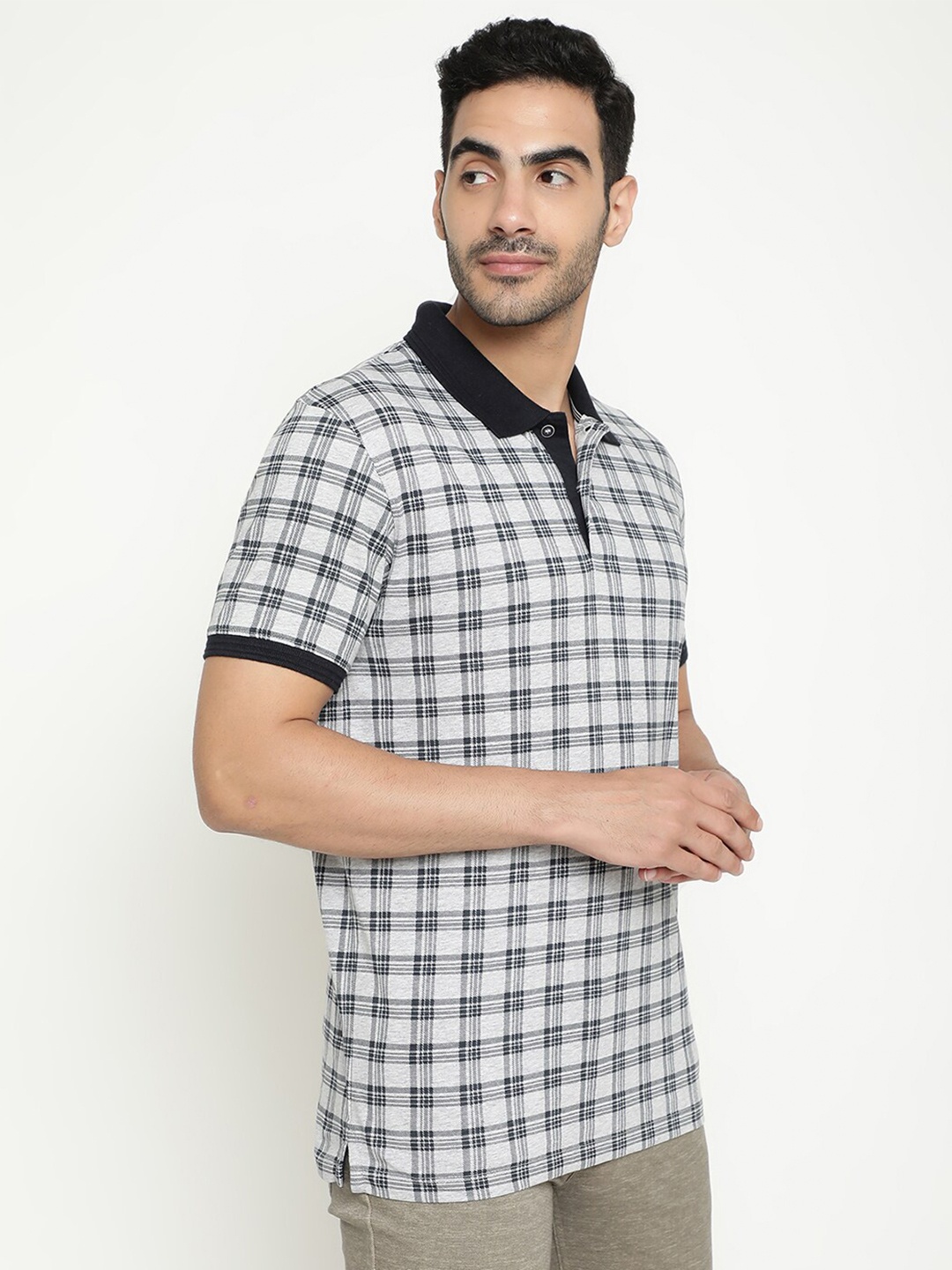 

Octave Checked Polo Collar Cotton T-shirt, Grey