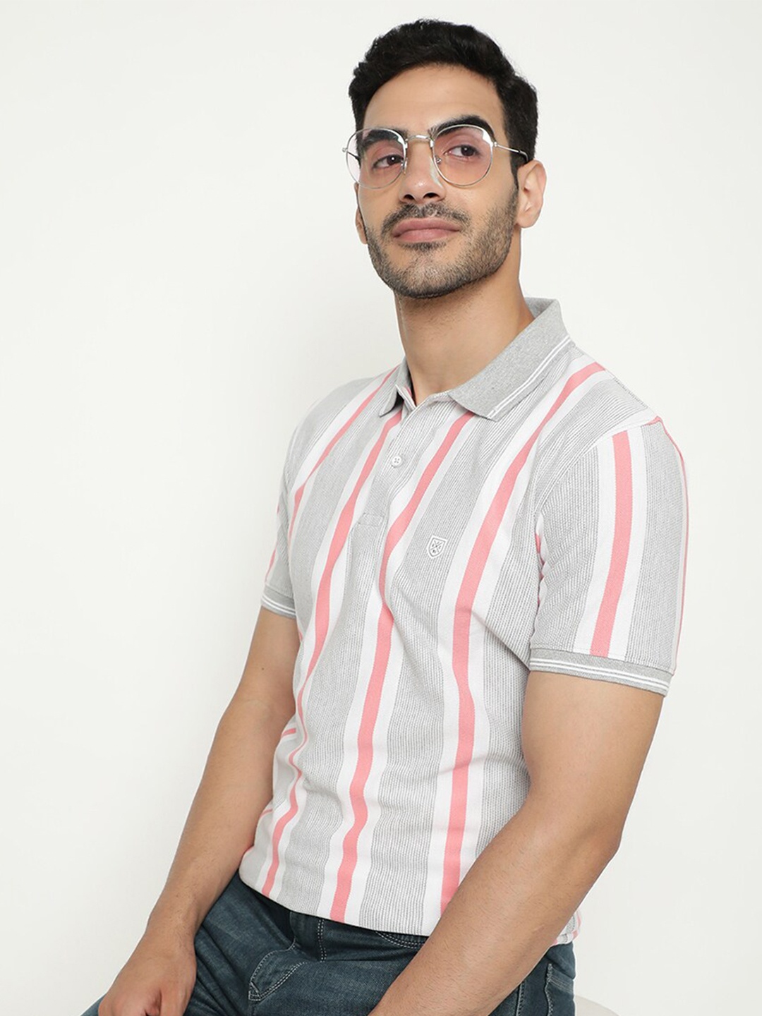 

Octave Striped Polo Collar Cotton T-shirt, Grey