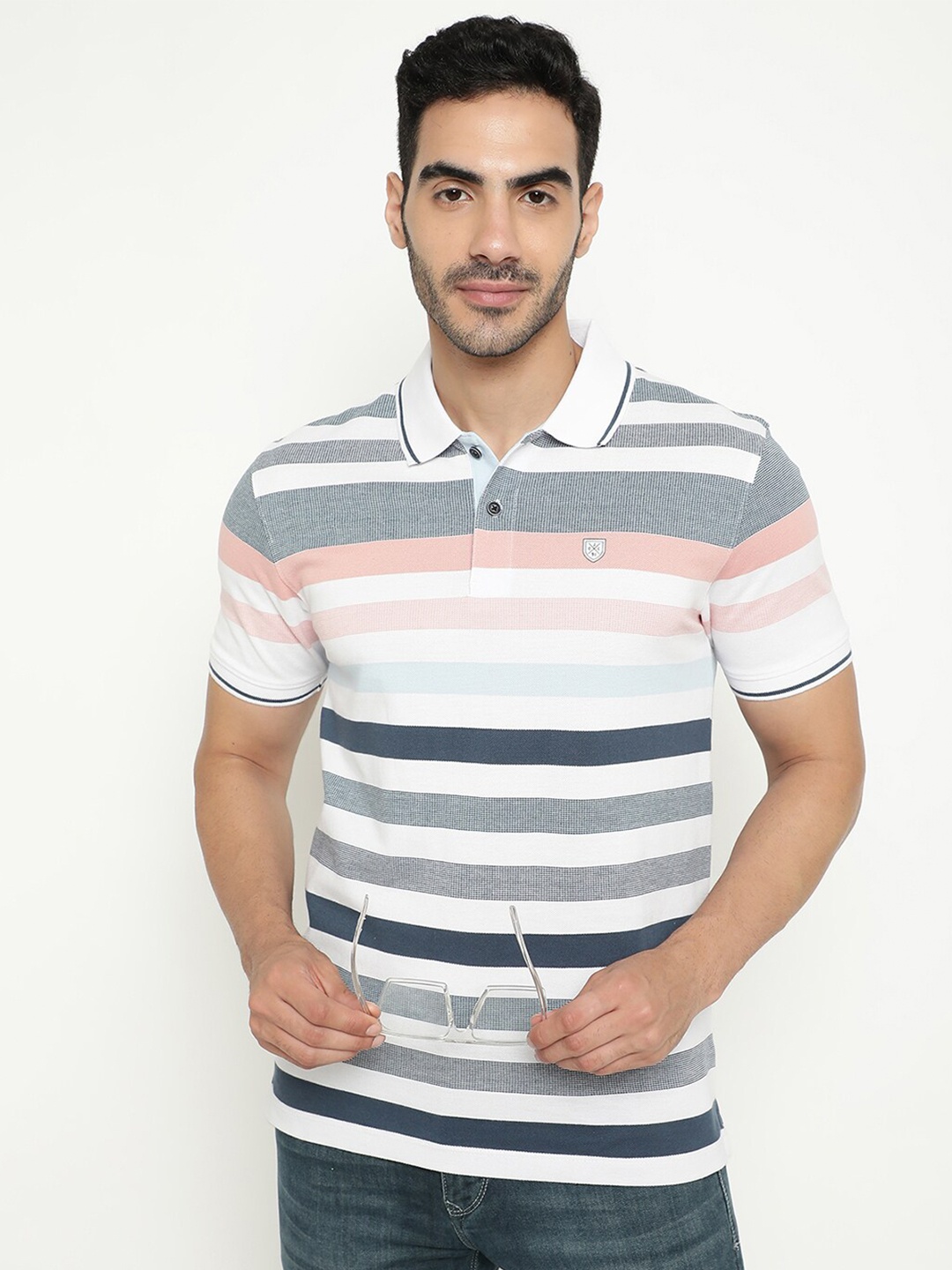 

Octave Striped Polo Collar Cotton T-shirt, White