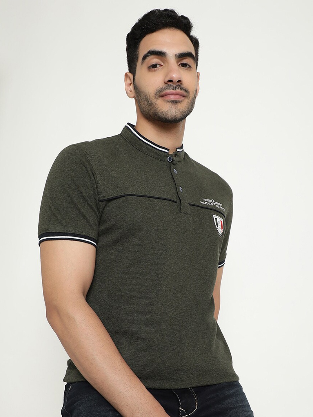 

Octave Henley Neck Cotton T-shirt, Olive