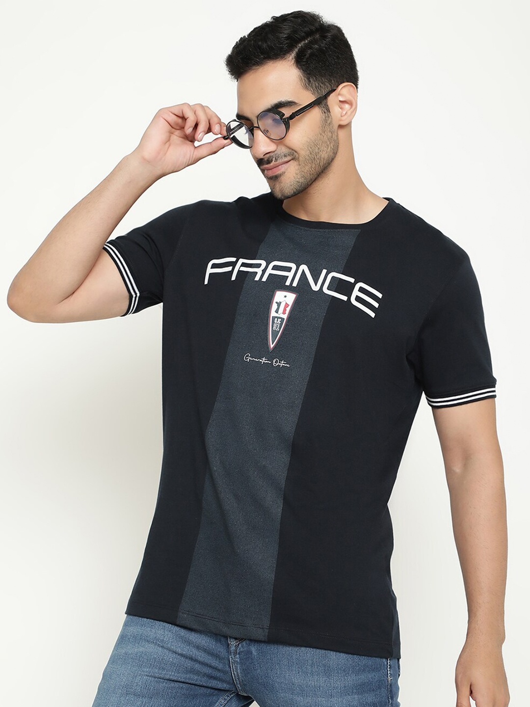

Octave Typography Printed Cotton T-shirt, Navy blue