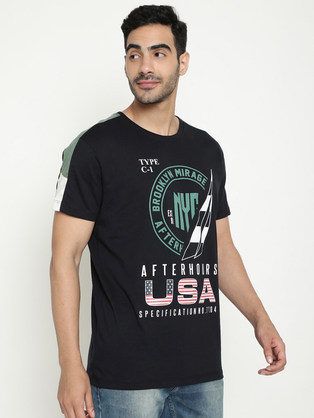 

Octave Typography Printed Cotton T-shirt, Navy blue