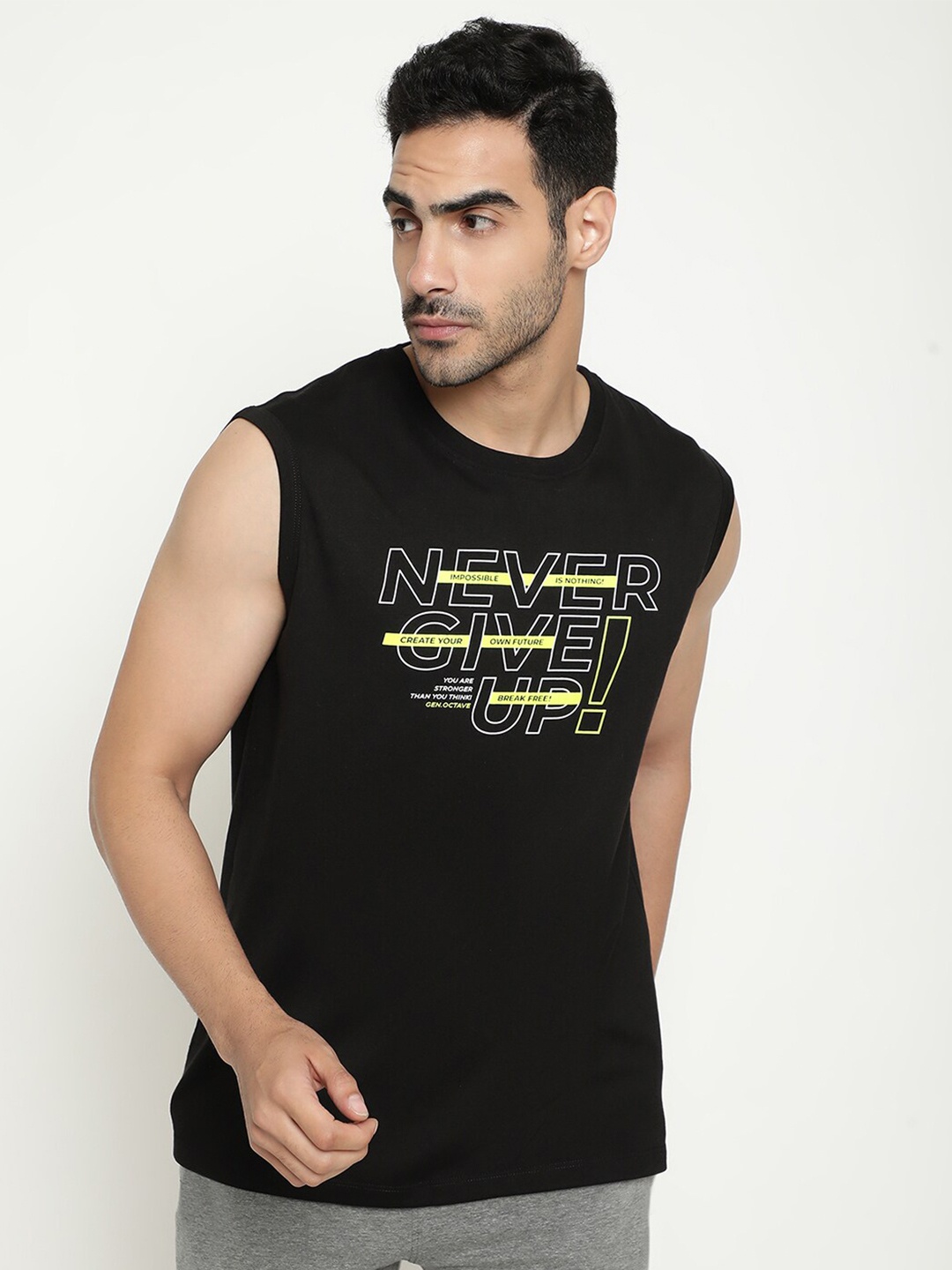 

Octave Typography Printed Sleeveless Cotton T-shirt, Black