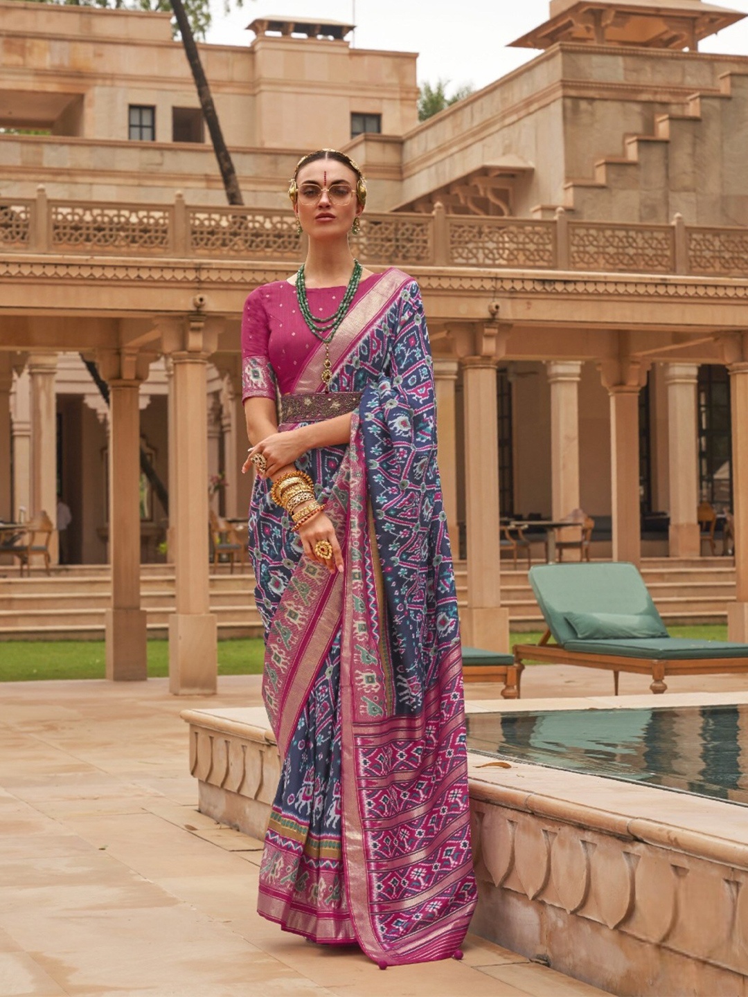 

Mitera Ethnic Printed Zari Patola Saree, Blue
