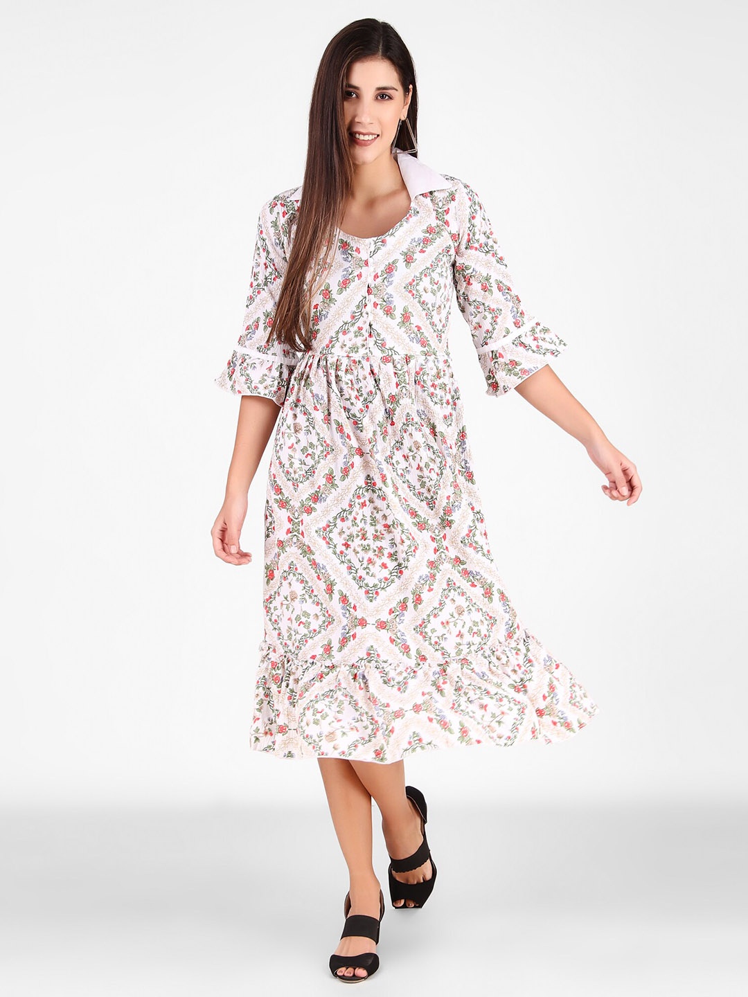 

FNOCKS Floral Printed Bell Sleeves Cotton Fit & Flare Midi Dress, White