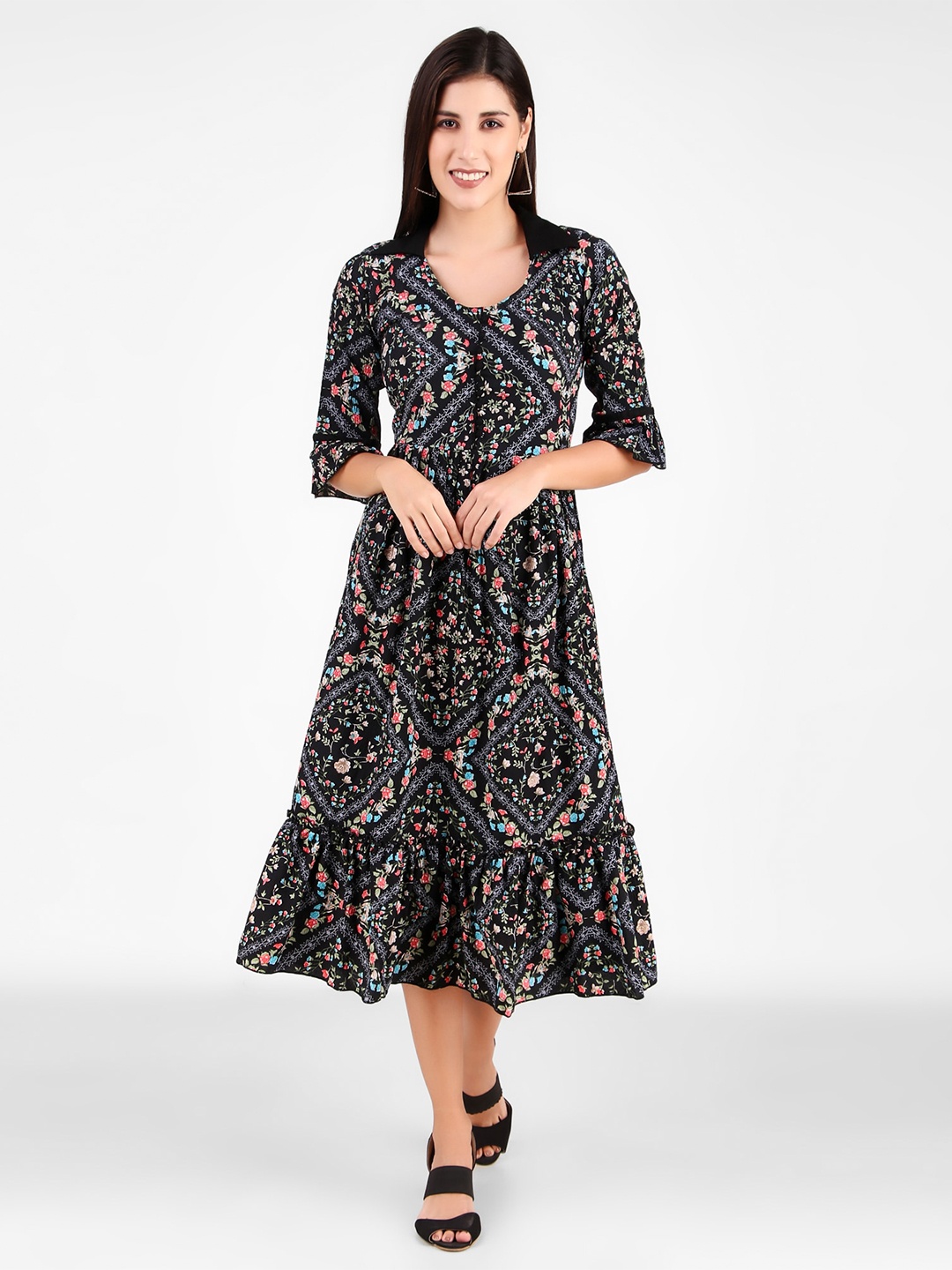 

FNOCKS Black Animal Print A-Line Midi Dress