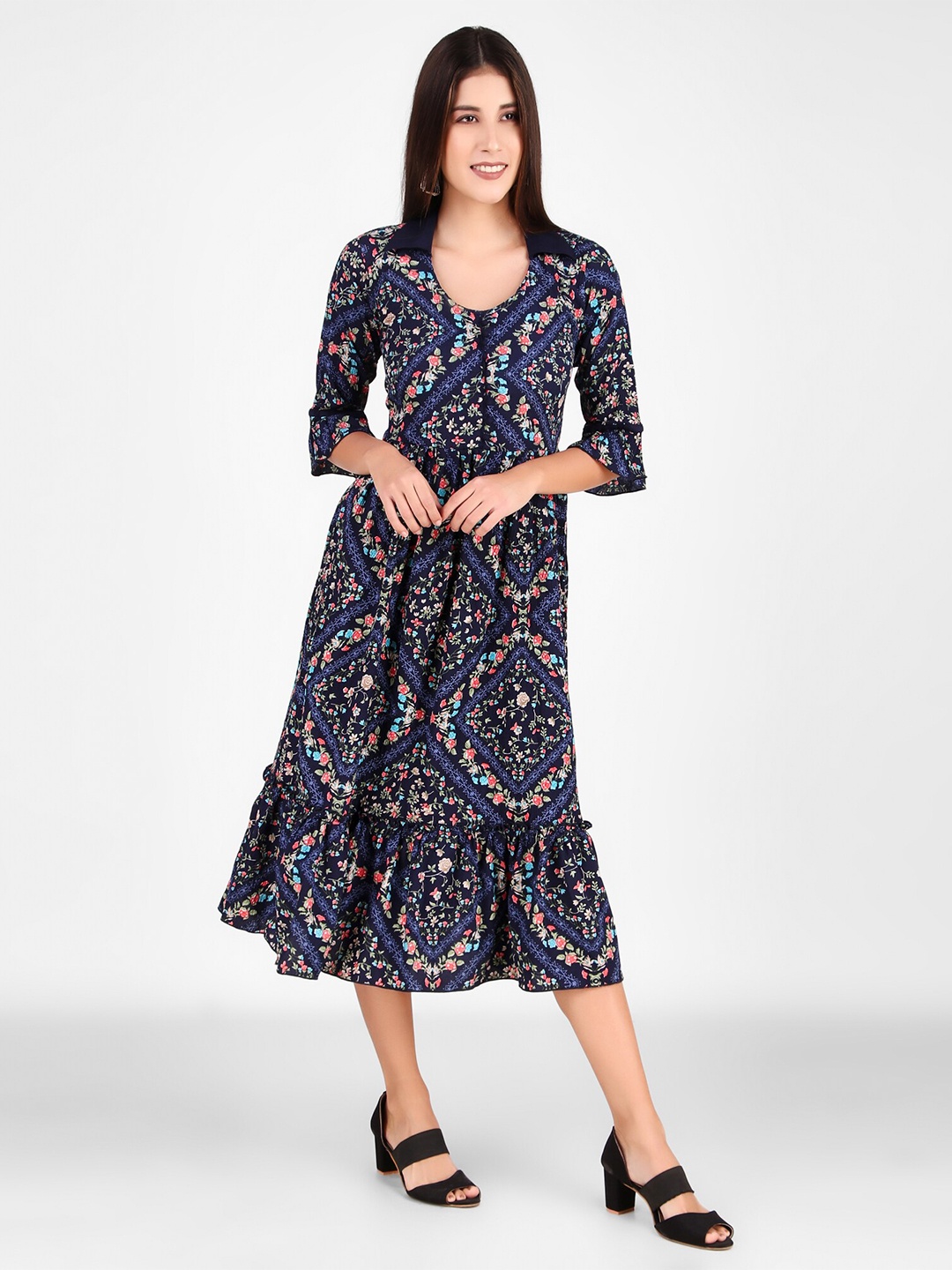 

FNOCKS Blue Ethnic Motifs Print Tie-Up Neck Flared Sleeve Fit & Flare Midi Dress
