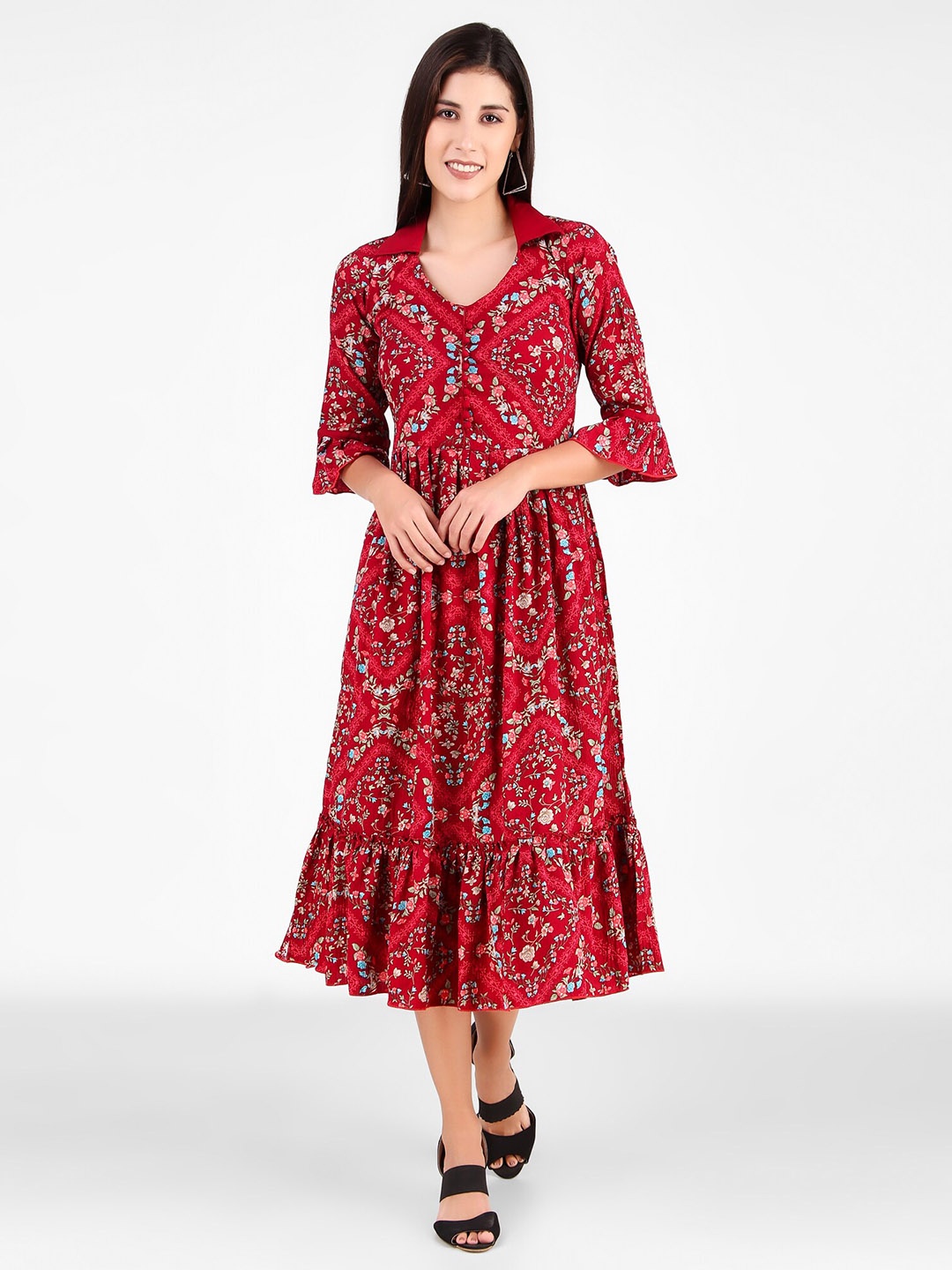 

FNOCKS Floral Printed Bell Sleeves Cotton Fit & Flare Midi Dress, Red