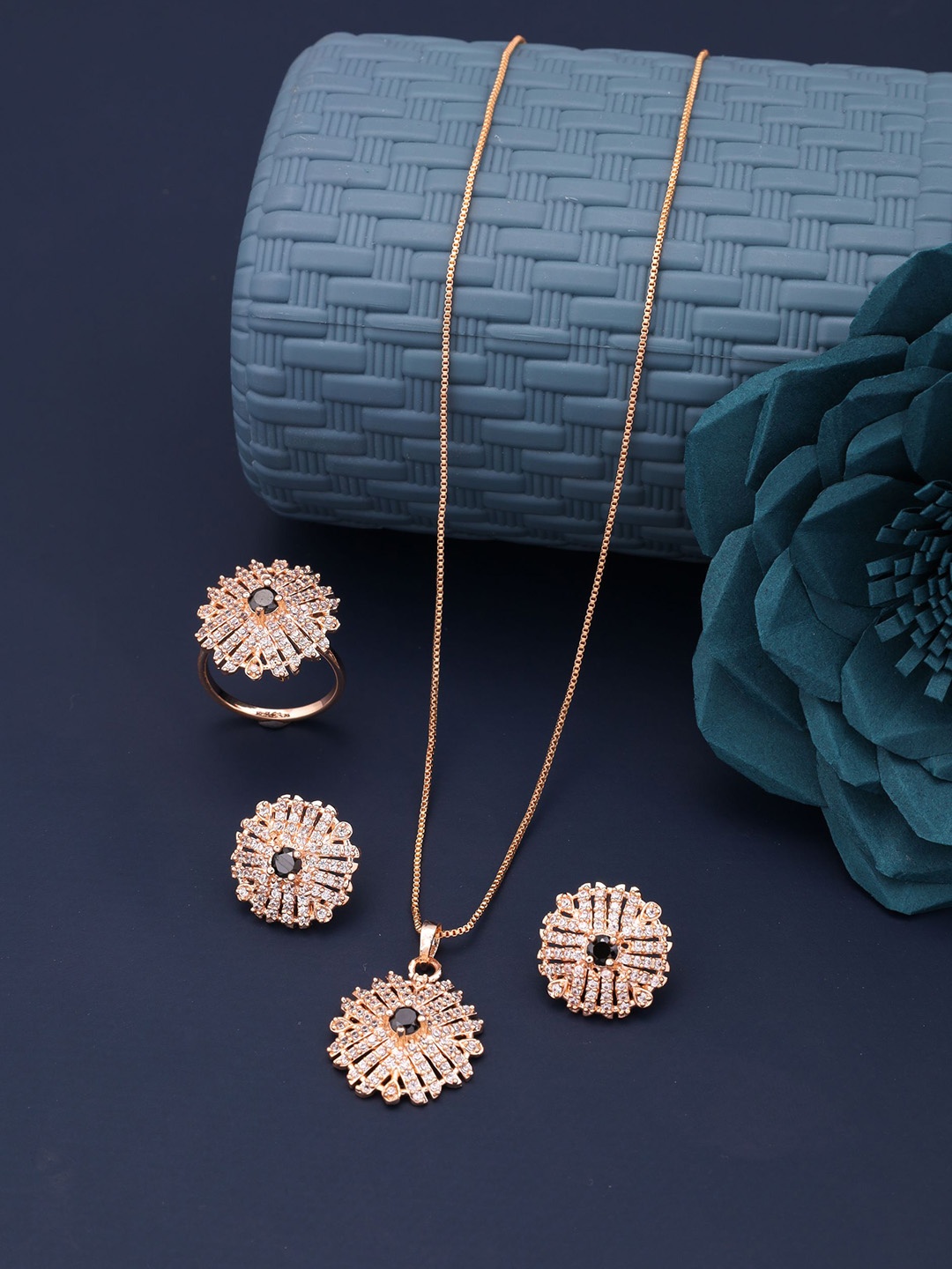 

Vita Bella Gold-Plated American Diamond Pendant With Matching Earrings Set