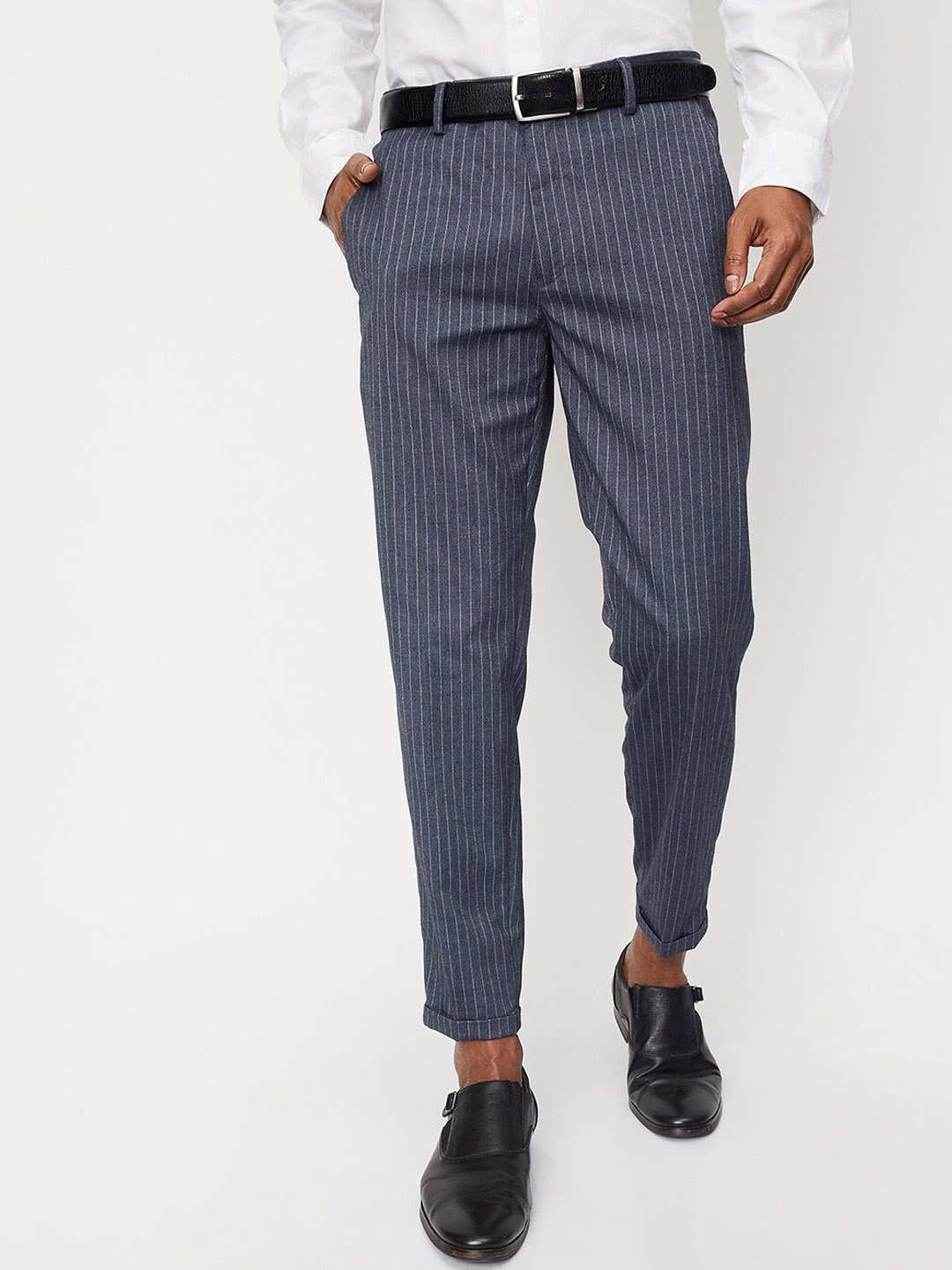 

max Men Striped Mid Raise Relaxed Fit Formal Trousers, Navy blue