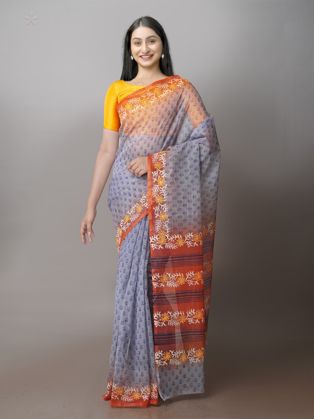 

Unnati Silks Ethnic Motifs Block Printed Net Saree, Grey