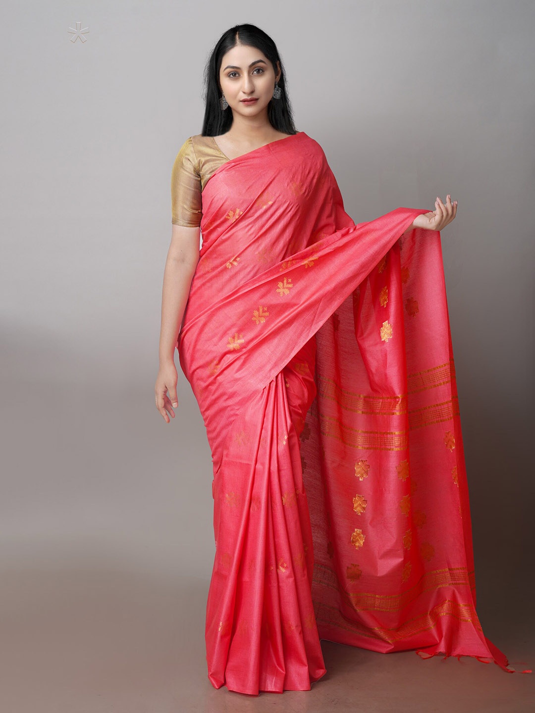 

Unnati Silks Ethnic Motifs Block Printed Silk Cotton Chanderi Saree, Orange