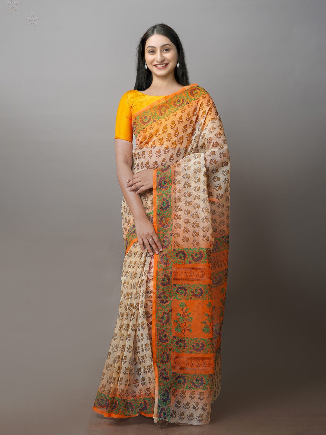 

Unnati Silks Floral Block Printed Supernet Saree, Cream