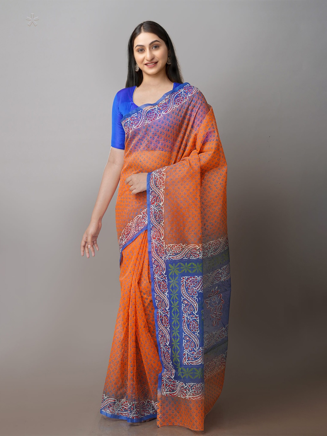 

Unnati Silks Ethnic Motifs Block Printed Net Saree, Orange