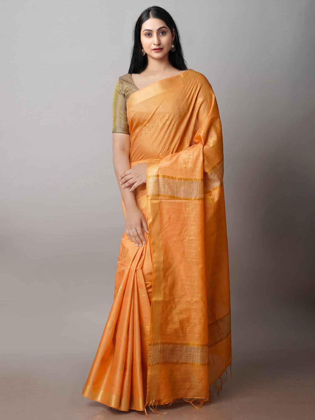 

Unnati Silks Ethnic Motifs Printed Zari Silk Cotton Chanderi Saree, Orange