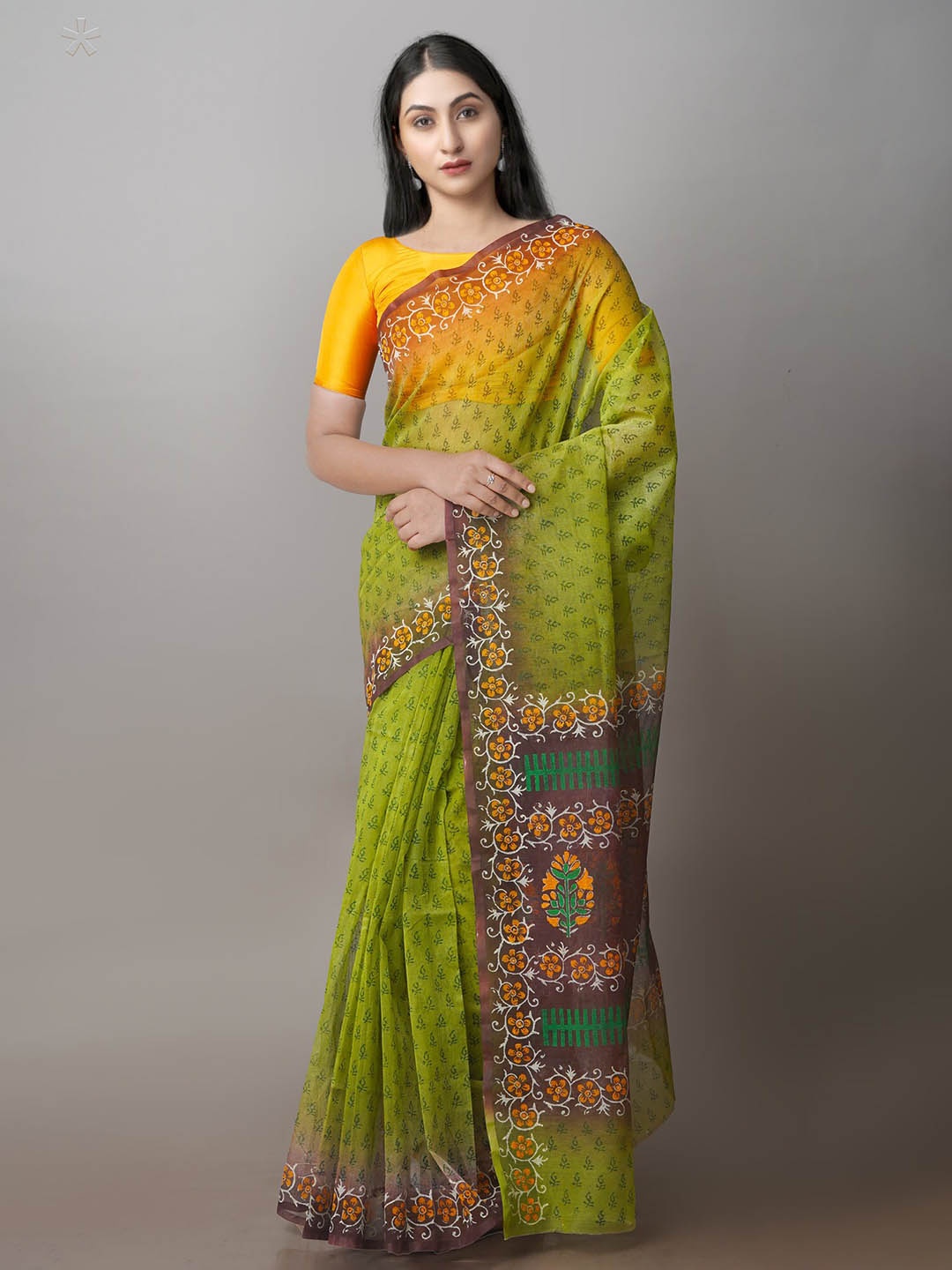 

Unnati Silks Ethnic Motifs Block Printed Net Saree, Green
