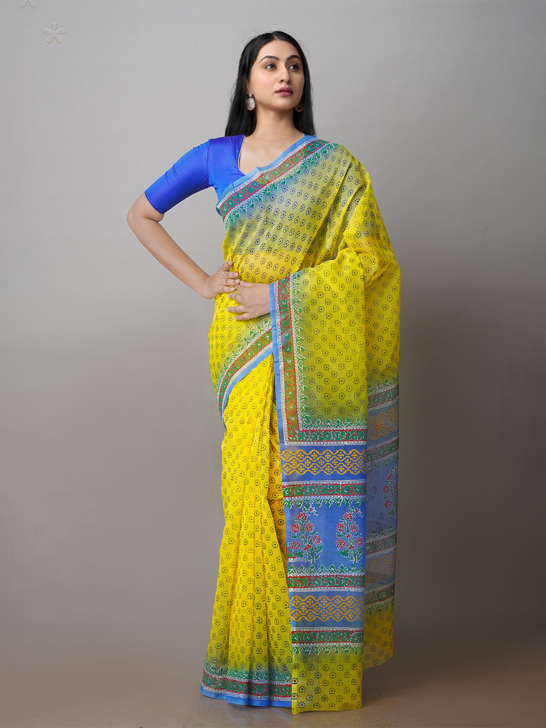 

Unnati Silks Ethnic Motifs Block Printed Net Saree, Yellow