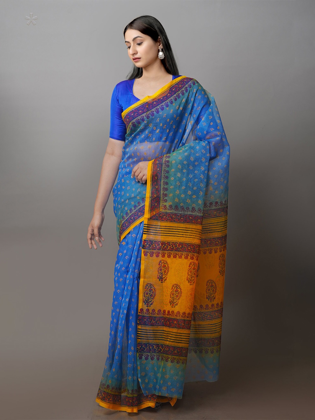 

Unnati Silks Ethnic Motifs Block Printed Net Saree, Blue