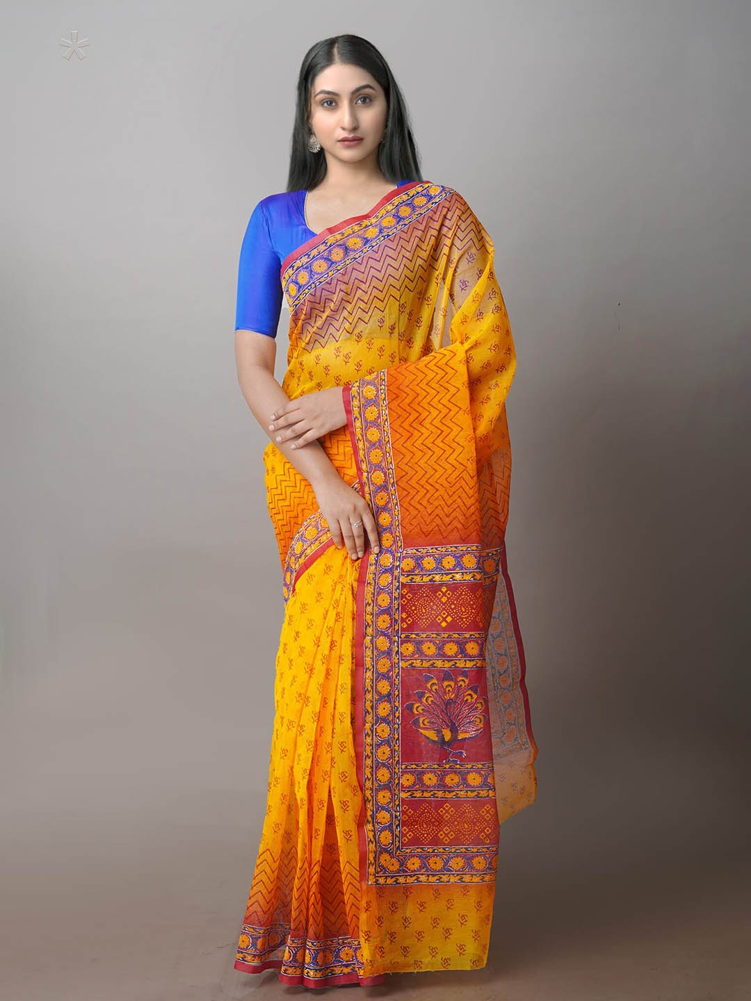 

Unnati Silks Ethnic Motifs Block Printed Net Saree, Yellow