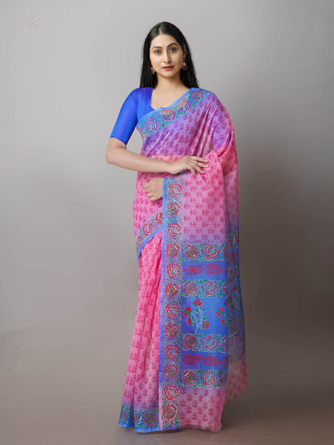 

Unnati Silks Ethnic Motifs Block Printed Net Saree, Pink