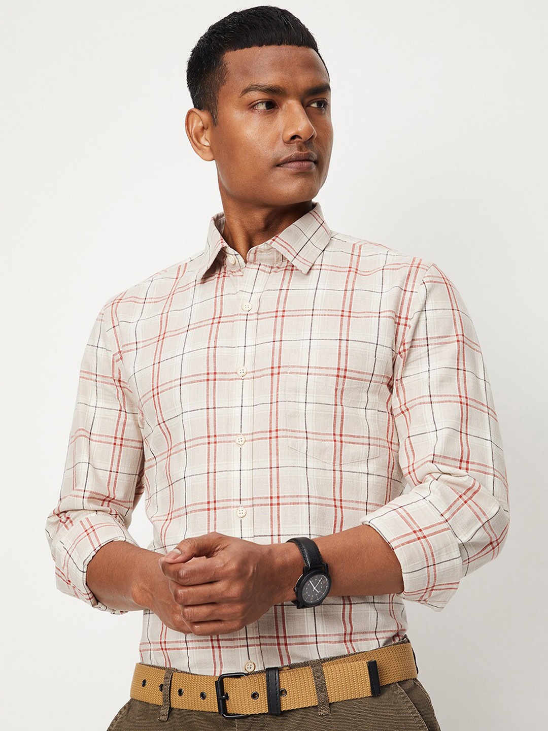 

max Tartan Checked Pure Cotton Casual Shirt, Beige