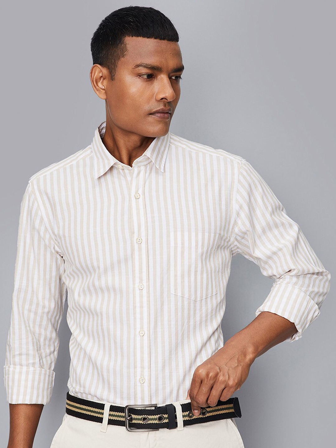 

max Vertical Striped Pure Cotton Casual Shirt, Beige