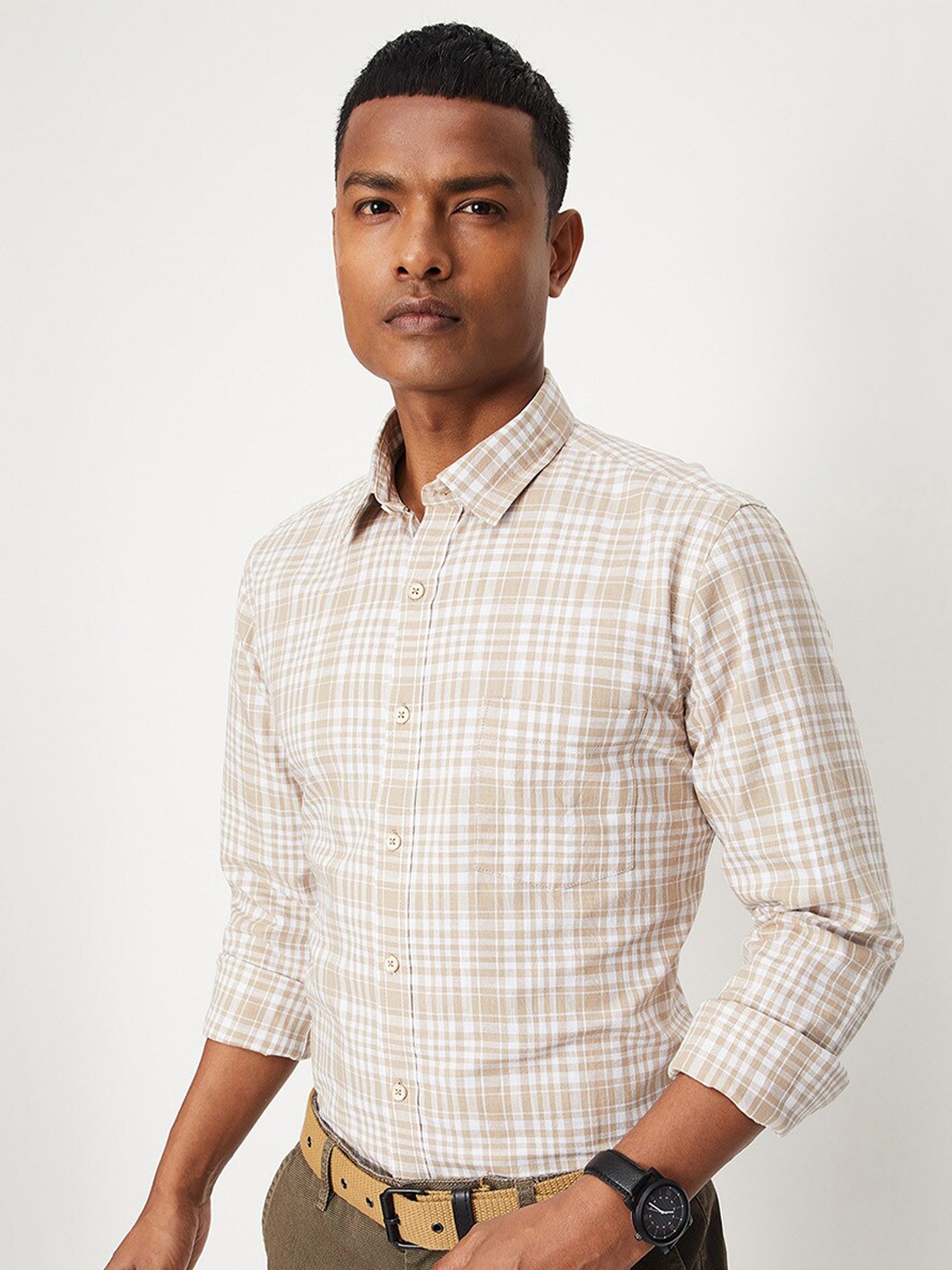 

max Checked Cuban Collar Pure Cotton Casual Shirt, Beige