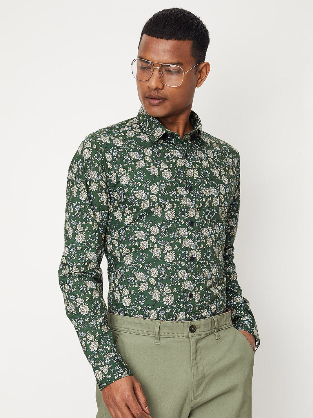 

max Floral Printed Pure Cotton Casual Shirt, Green