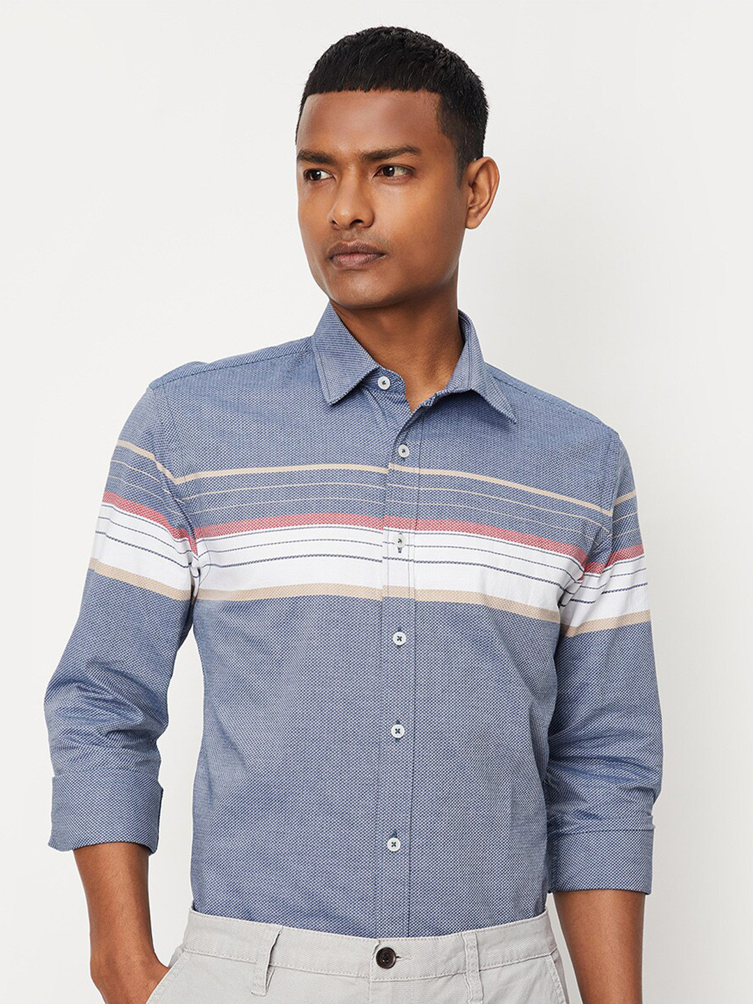 

max Horizontal Striped Pure Cotton Casual Shirt, Blue