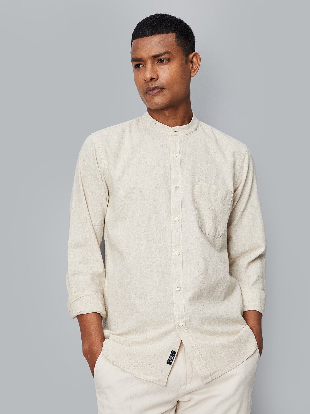 

max Mandarin Collar Cotton Casual Shirt, Beige