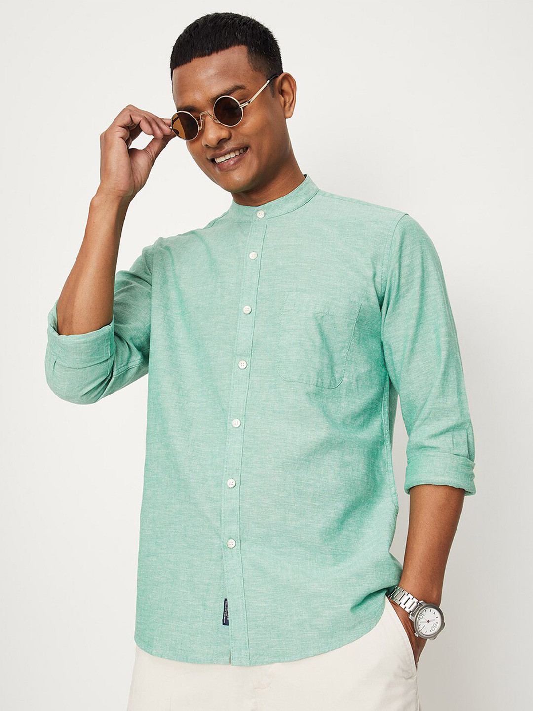 

max Mandarin Collar Cotton Casual Shirt, Green