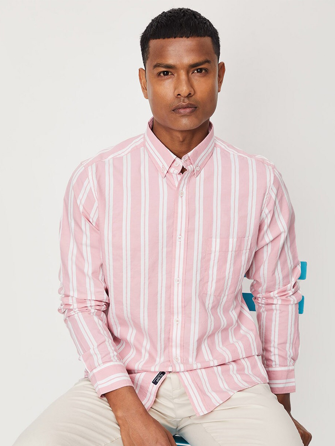 

max Vertical Striped Button-Down Collar Pure Cotton Shirt, Pink