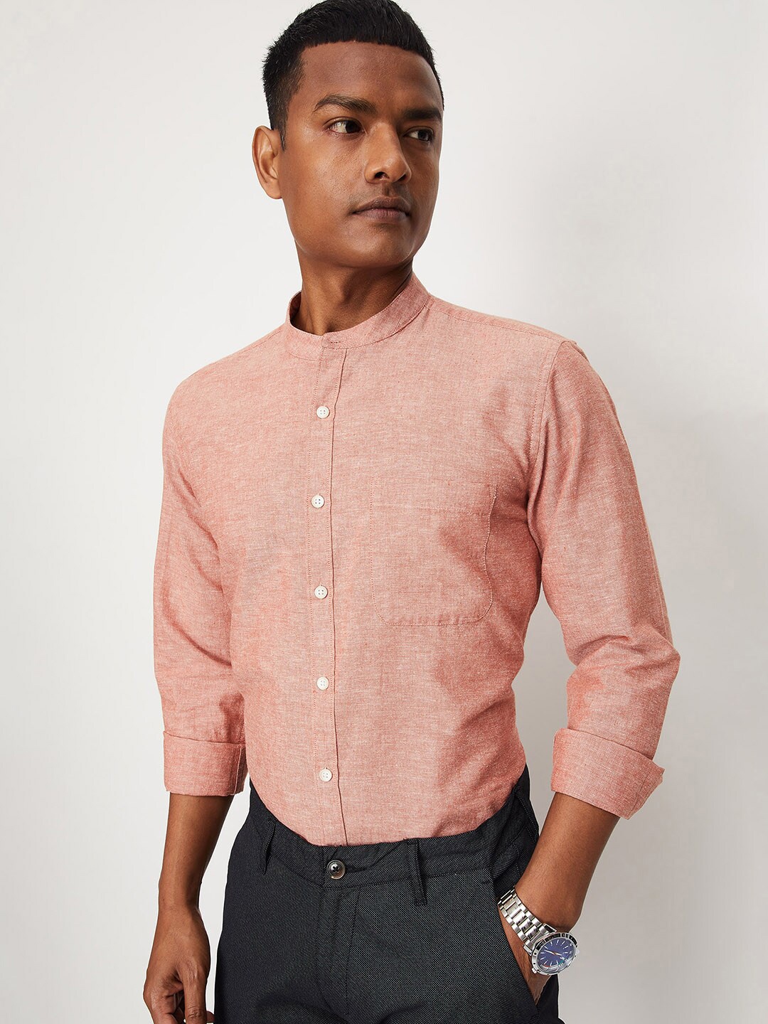 

max Mandarin Collar Cotton Casual Shirt, Peach