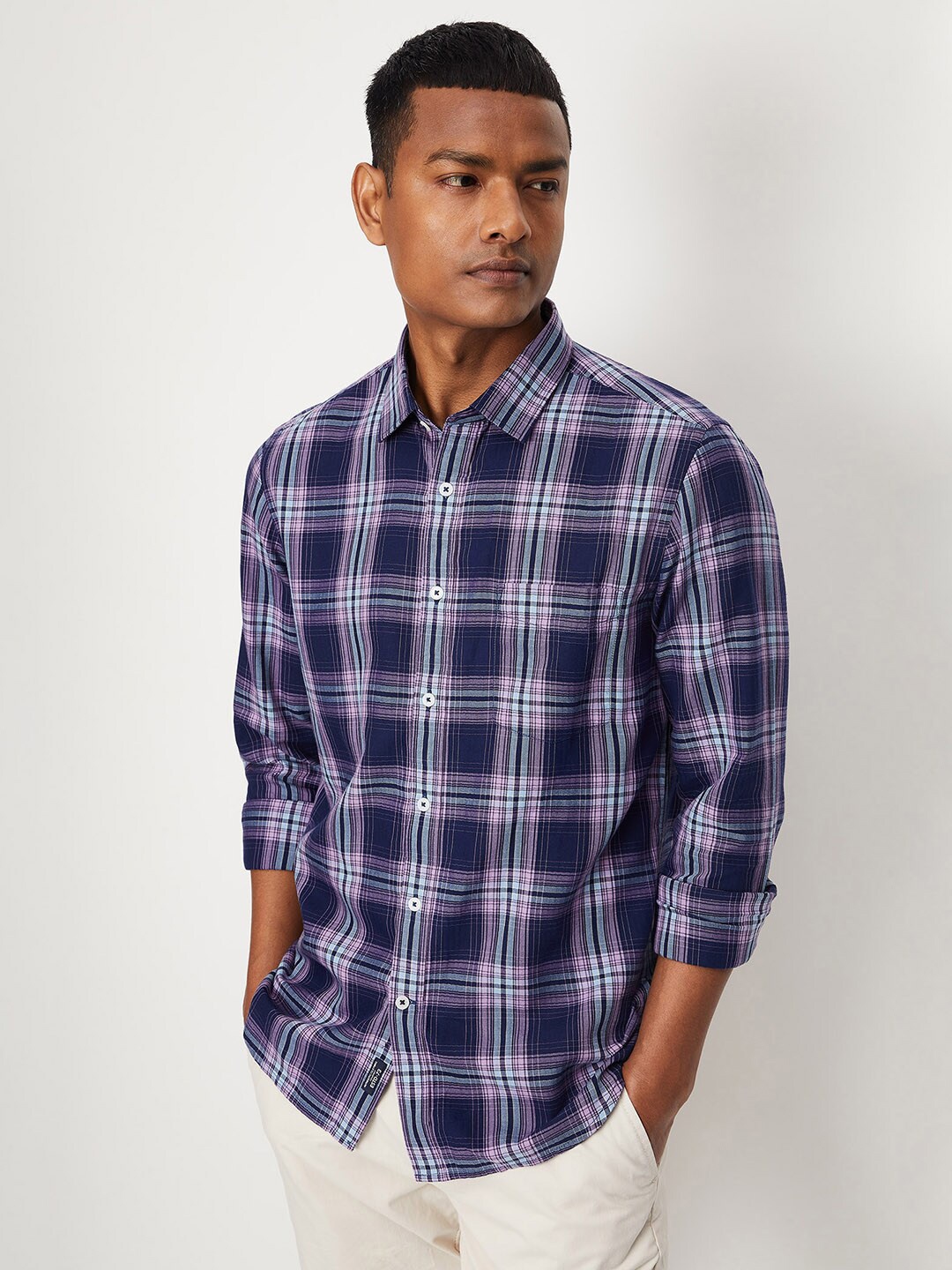 

max Tartan Checked Pure Cotton Casual Shirt, Purple