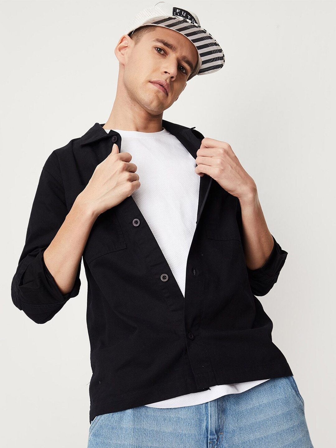 

max Spread Collar Pure Cotton Casual Shirt, Black