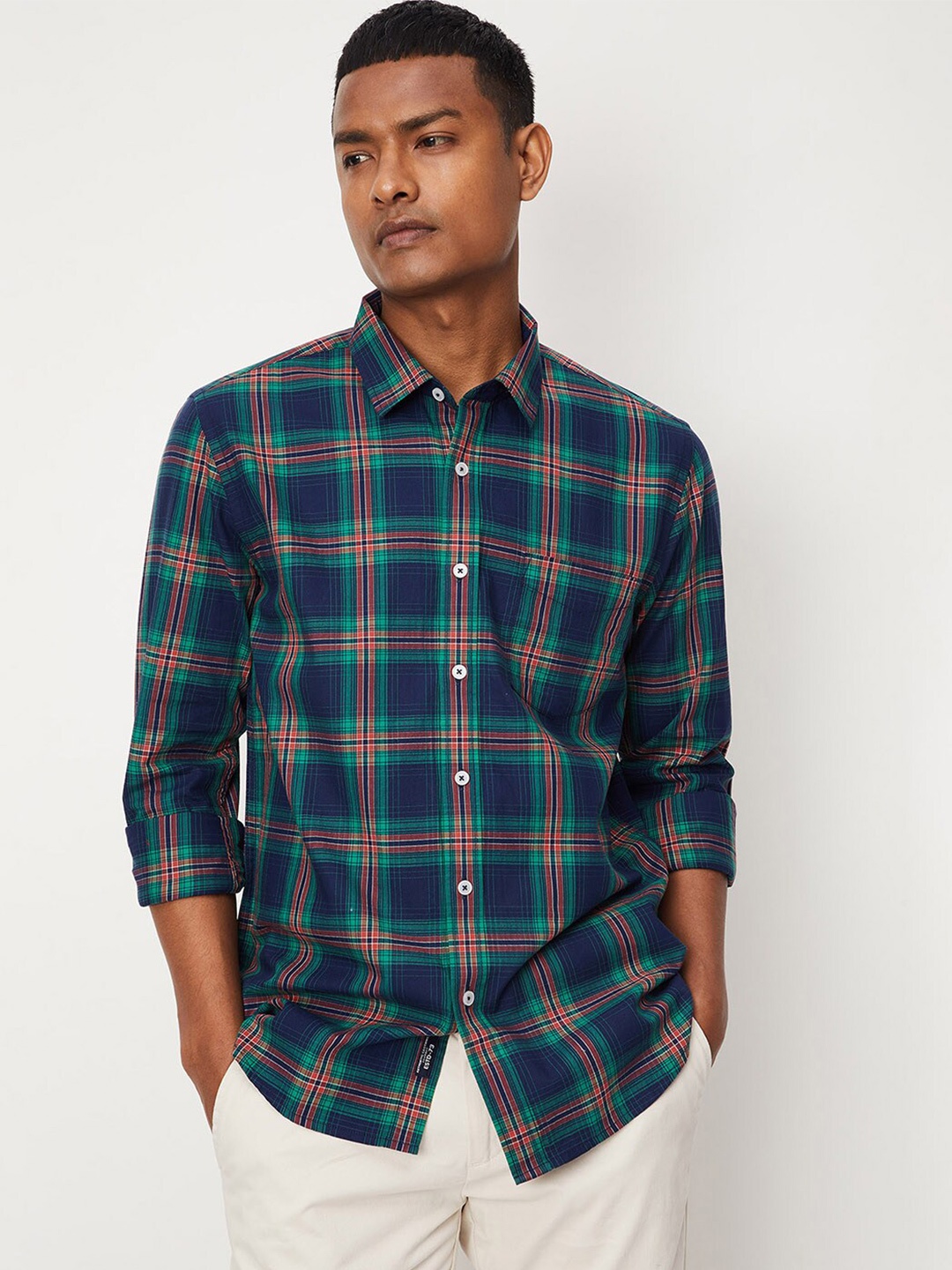 

max Checked Spread Collar Pure Cotton Casual Shirt, Green
