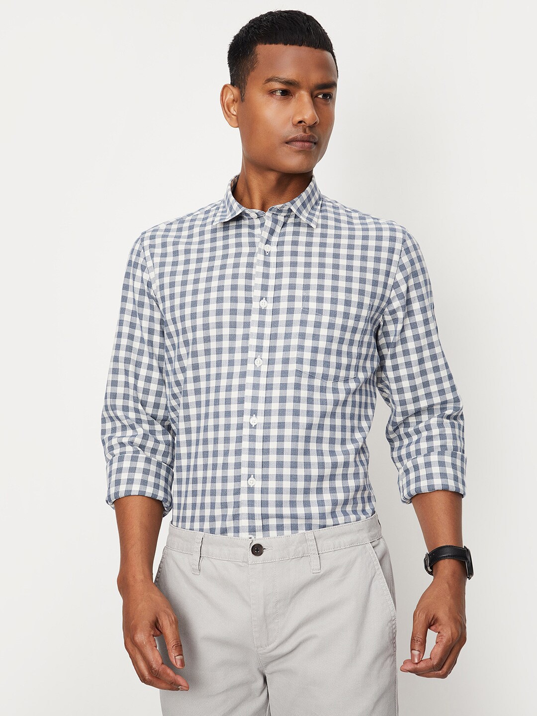 

max Checked Spread Collar Pure Cotton Casual Shirt, Blue