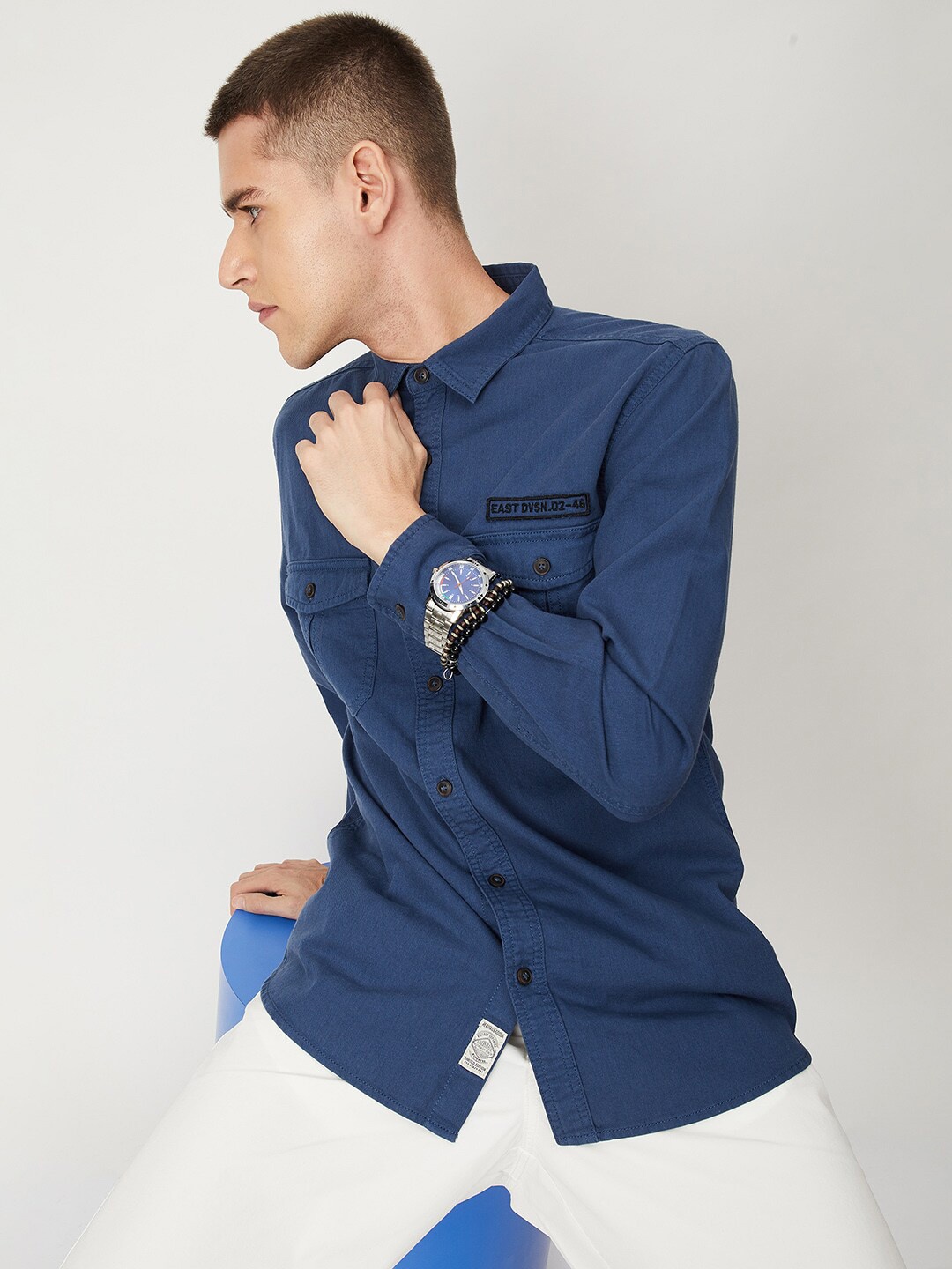 

max Spread Collar Pure Cotton Casual Shirt, Navy blue