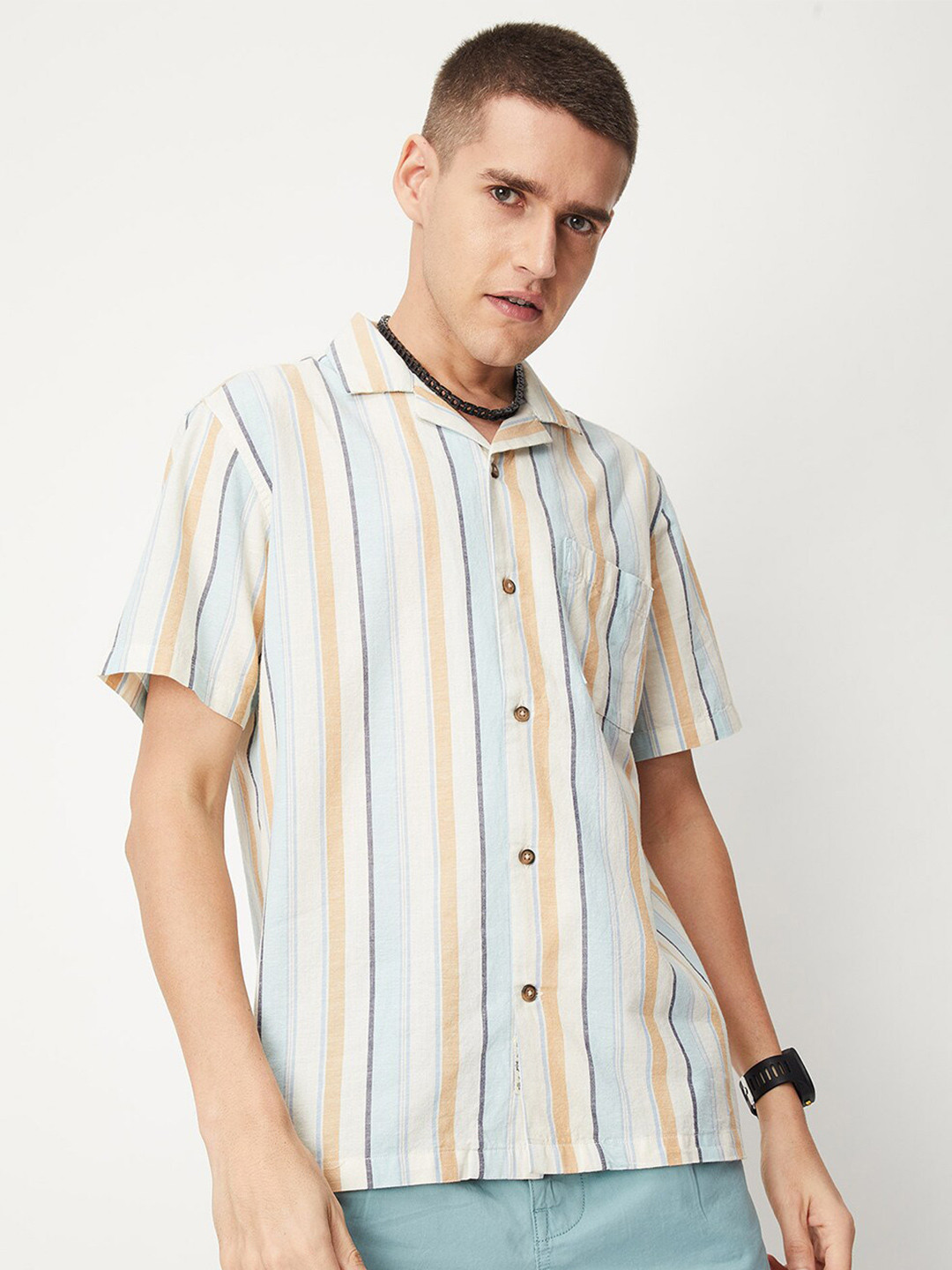 

max Men Vertical Striped Cuban Collar Cotton Casual Shirt, Beige