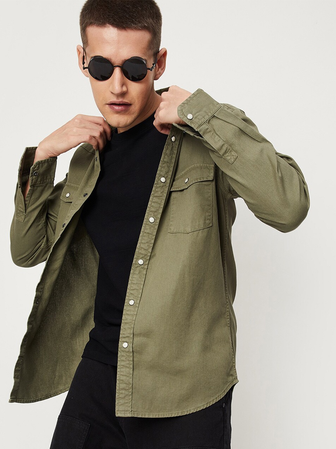

max Spread Collar Pure Cotton Casual Shirt, Green
