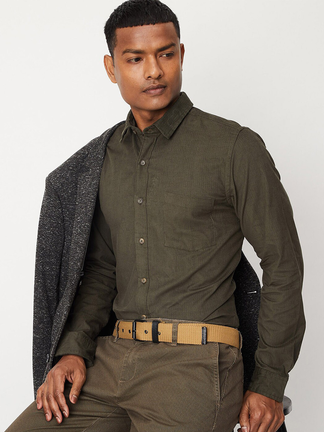 

max Spread Collar Pure Cotton Casual Shirt, Green