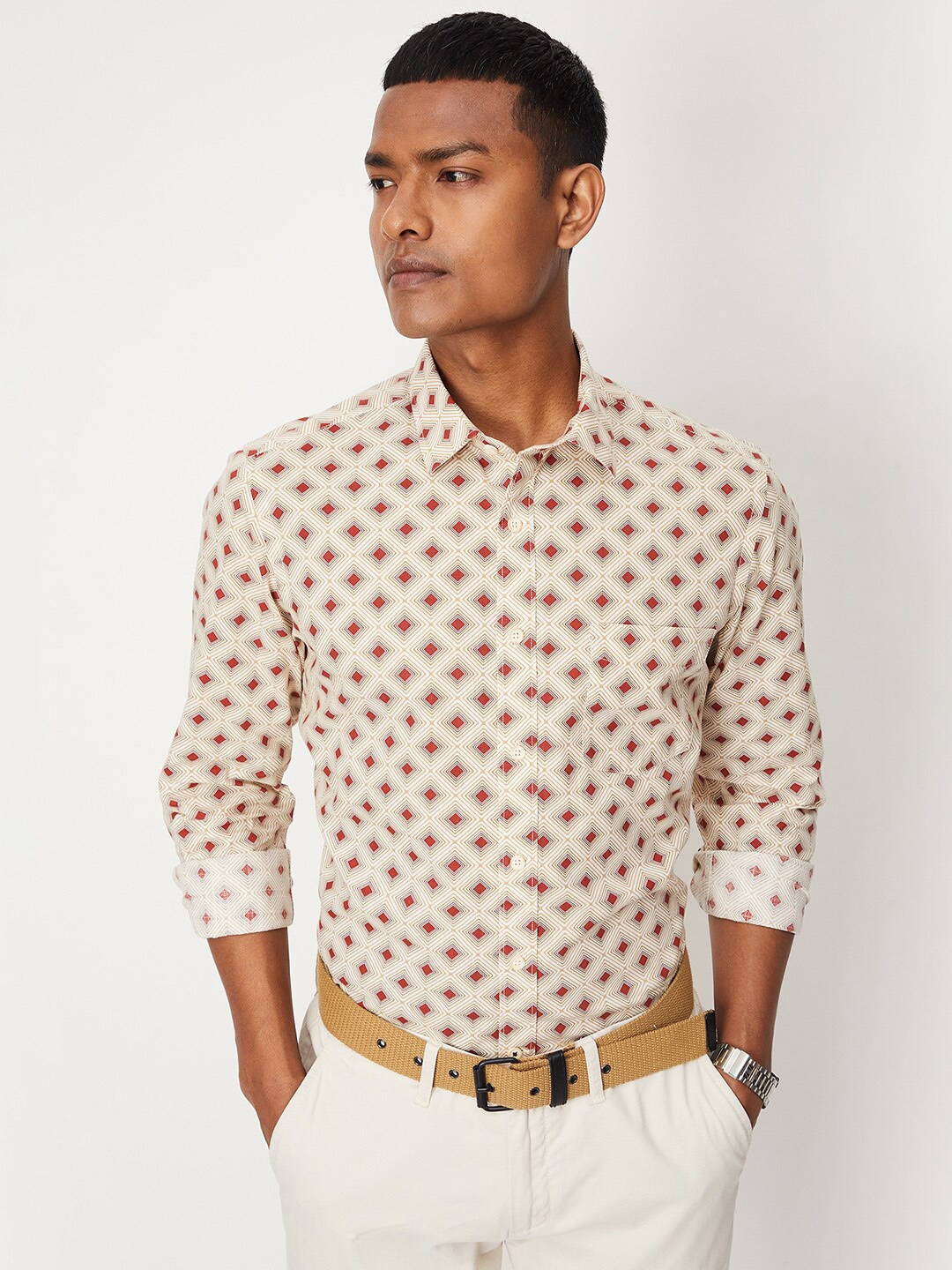 

max Geometric Printed Pure Cotton Casual Shirt, White