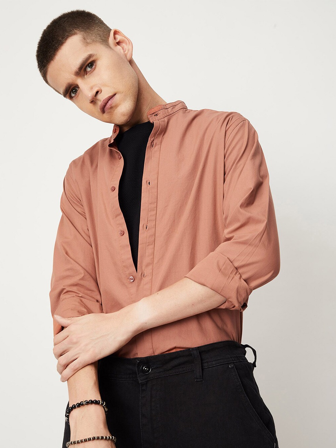 

max Mandarin Collar Pure Cotton Casual Shirt, Brown