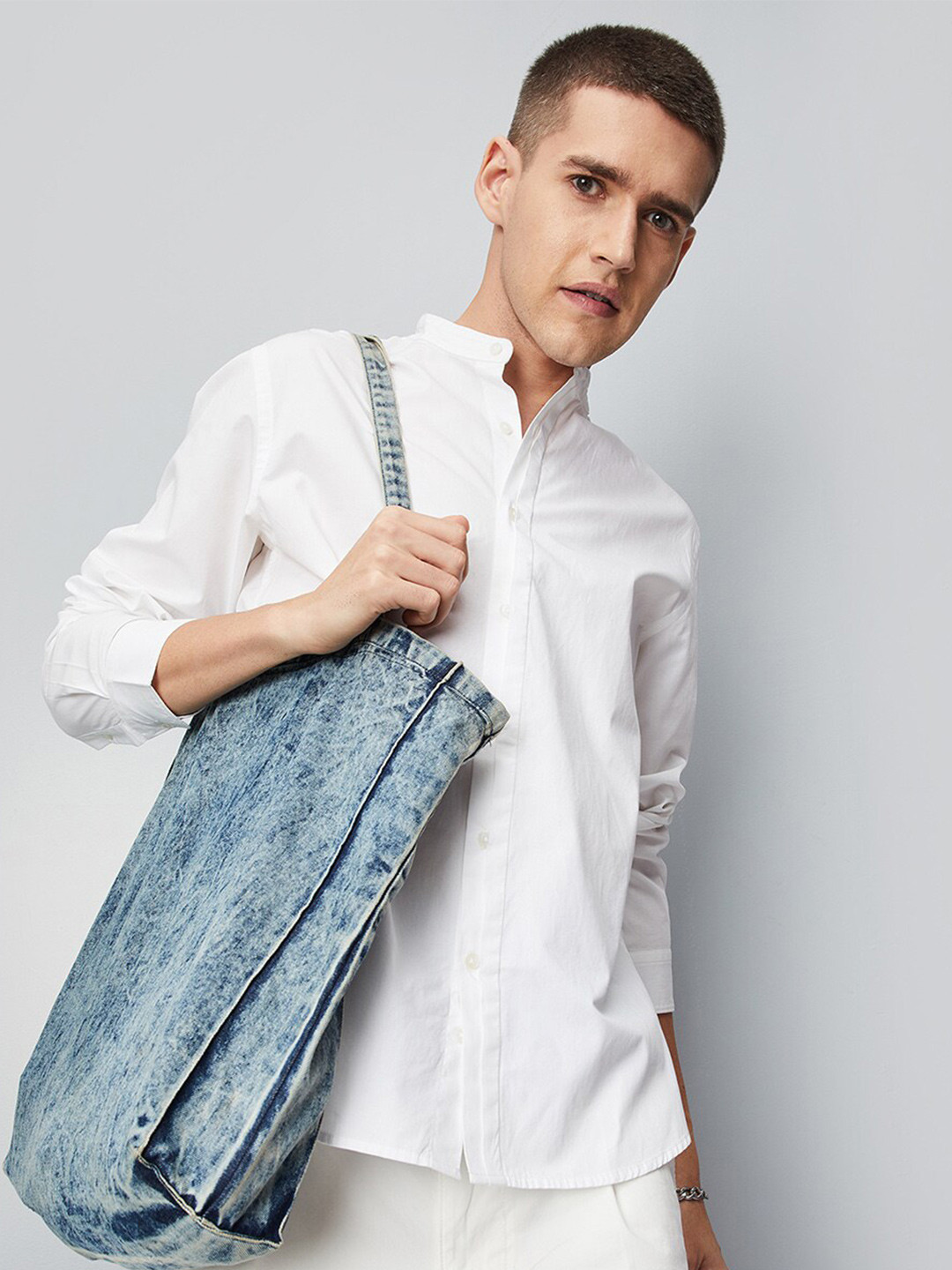 

max Mandarin Collar Pure Cotton Casual Shirt, White
