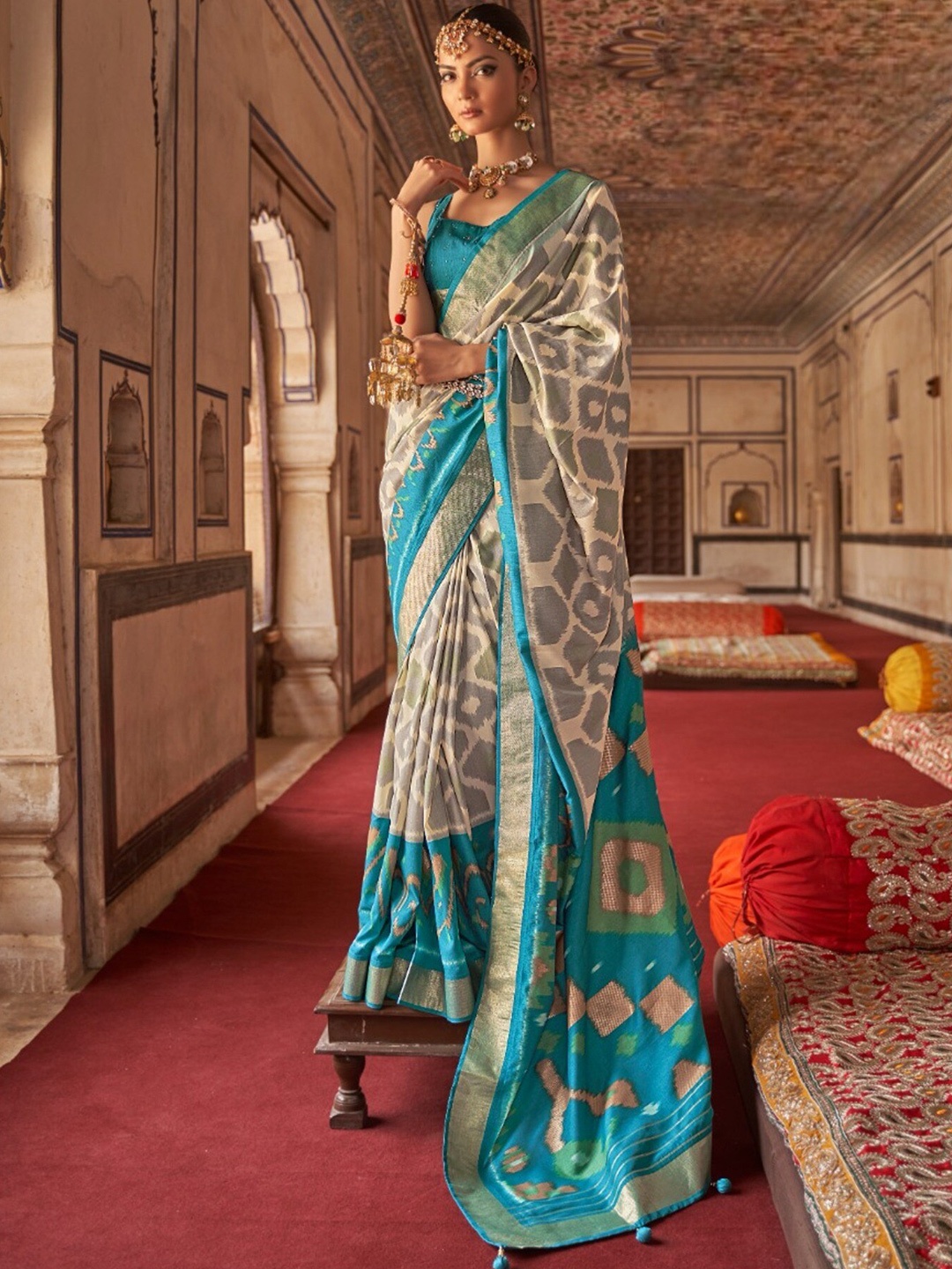 

Mitera White & Blue Printed Zari Patola Saree