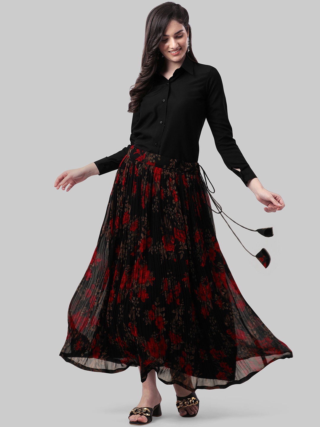 

ASPORA Floral Printed Shirt With Skirt, Black