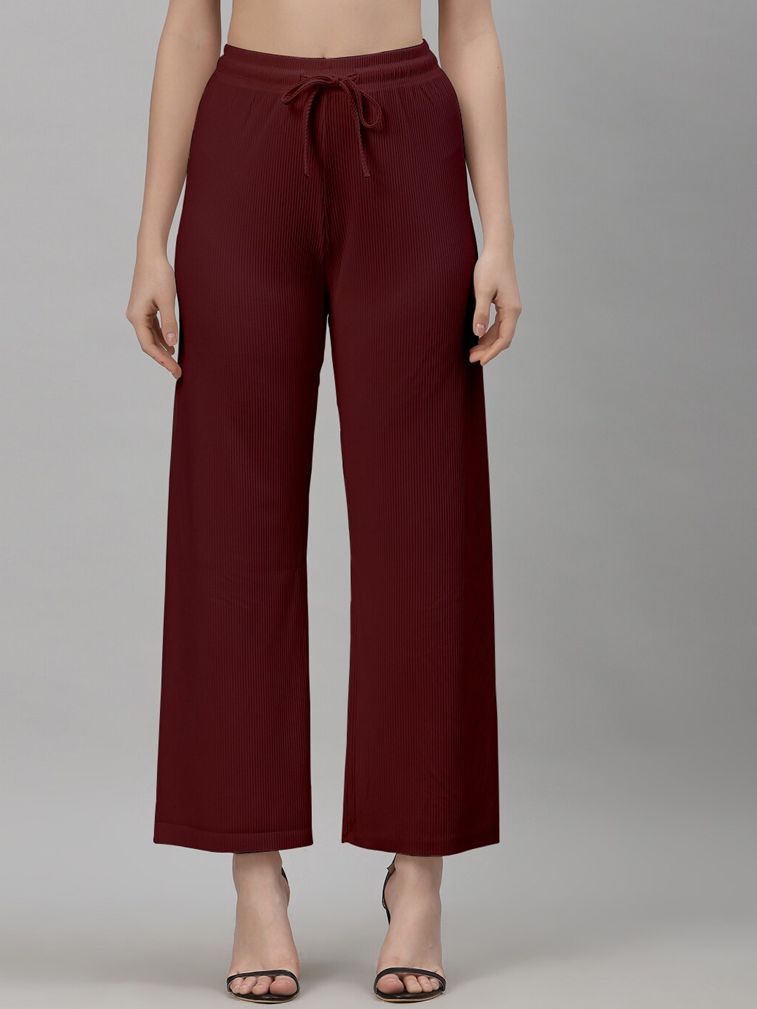 

NEUDIS Women Relaxed Self Design Straight Fit Trousers, Maroon