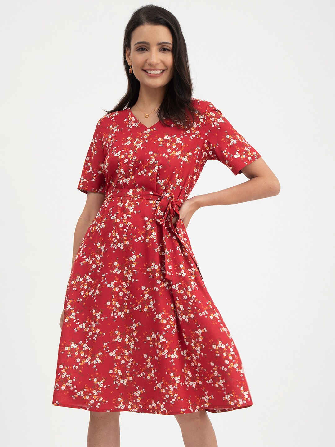 

FableStreet V-Neck Floral Print Fit & Flare Dress, Red